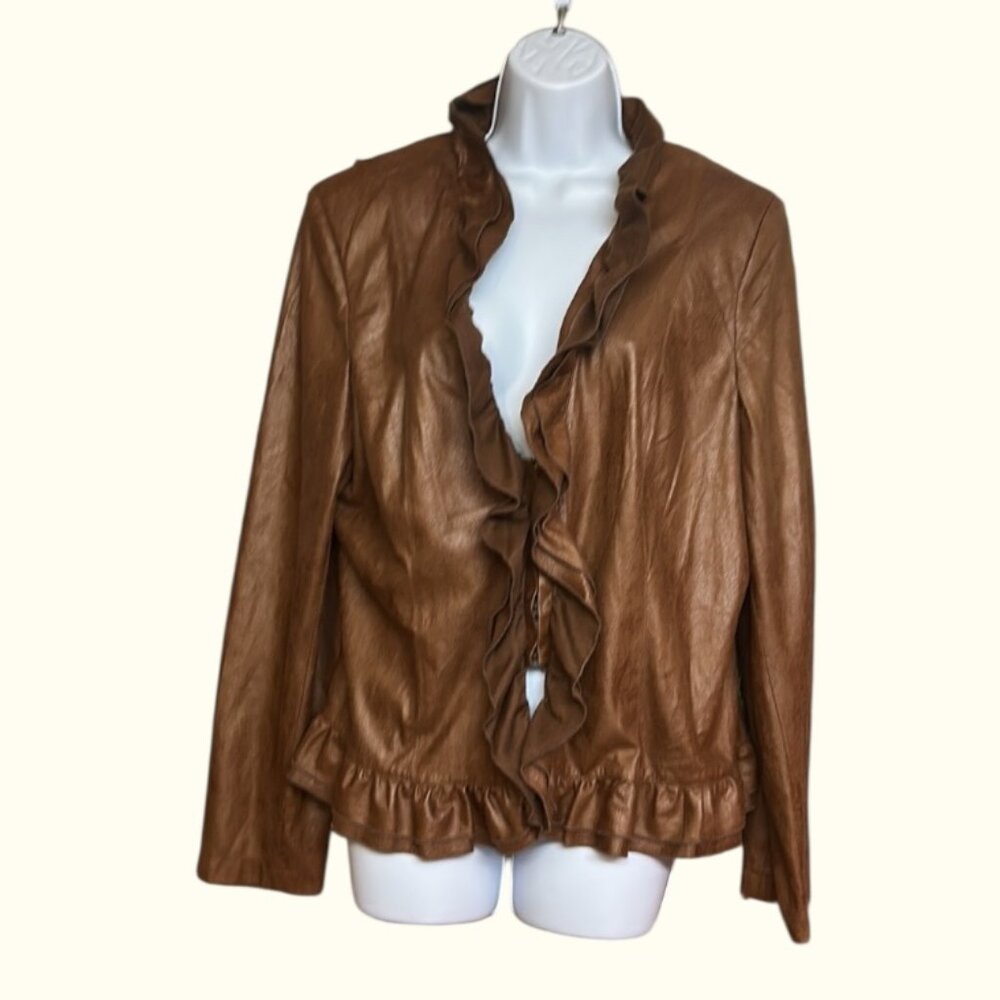 Lightweight Faux Brown Suede Ruffle Front Jacket Size 18